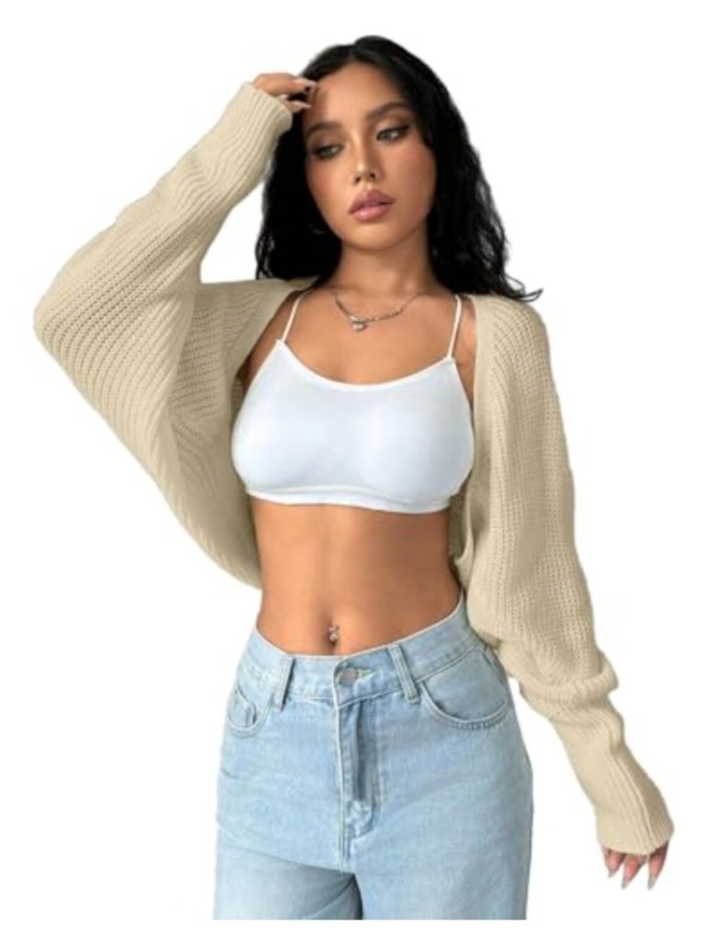 Women's Knit Cropped Cardigan Batwing Shrug Open Front Long Sleeve Bolero
